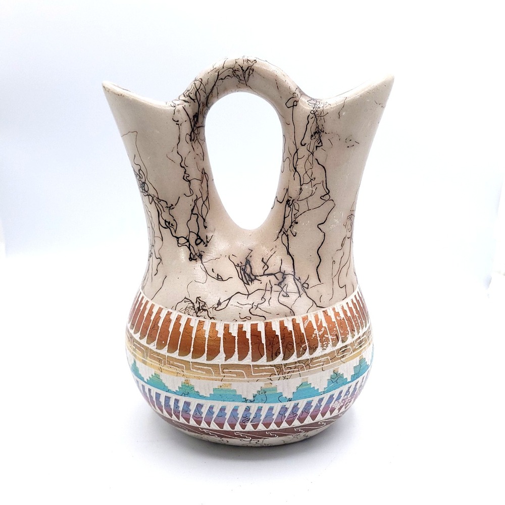 Native American Navajo Horse Hair Pottery Hand Etched Wedding Vase Signed